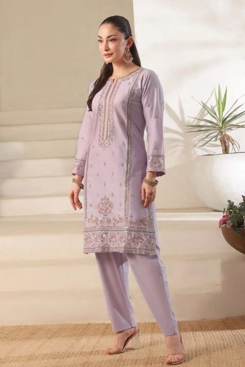 Lilac Embroidered Lawn Cotton Kurta Set Online in Dubai UAE Abudhabi Ajman Sharjah