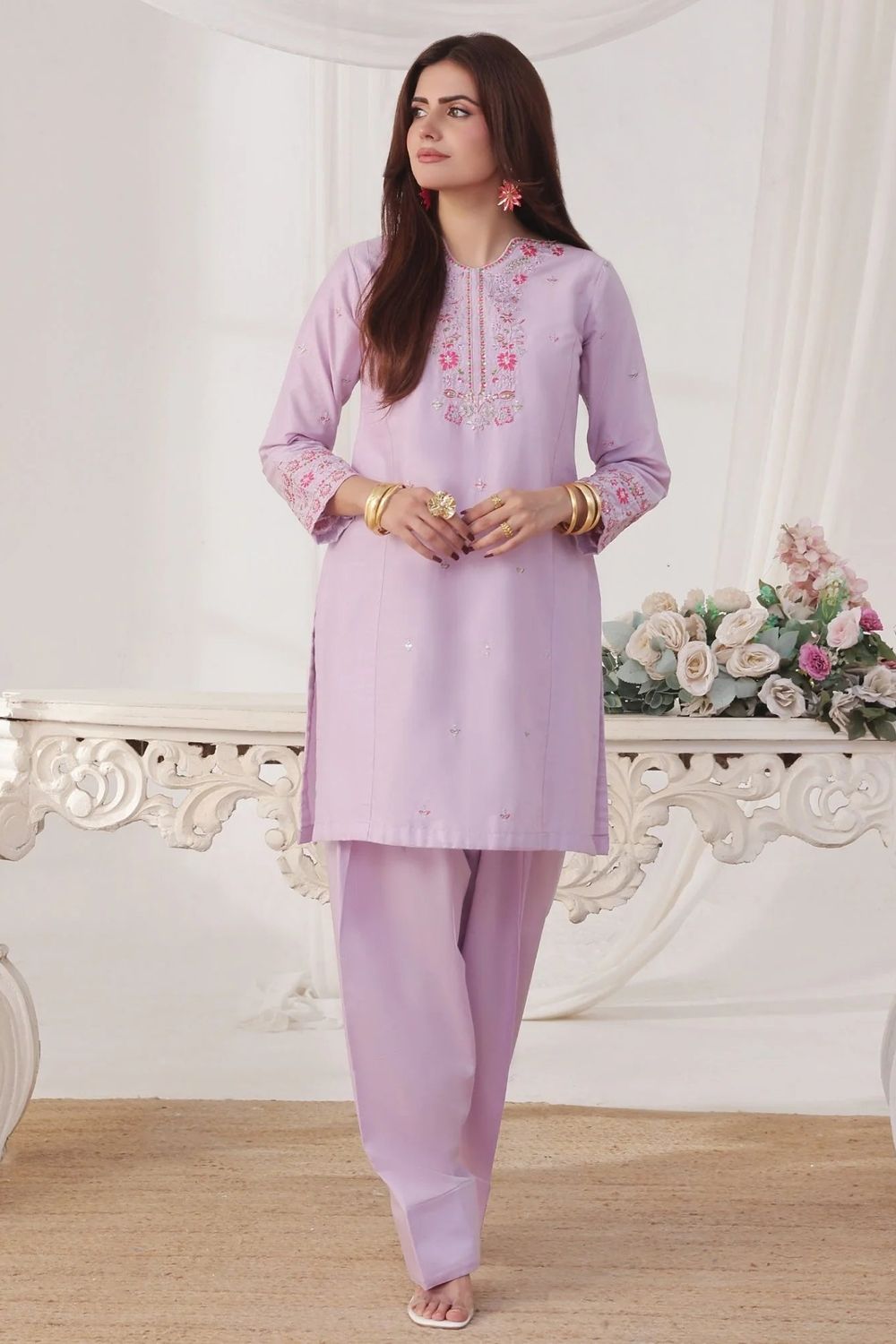 Lilac Embroidered Lawn Farshi Shalwar Suit Online in Dubai UAE Abudhabi Ajman Sharjah