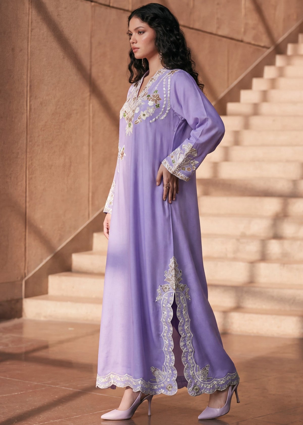 Lilac Embroidered Linen Kaftan Online in Dubai DXB UAE Abudhabi Meena Bazaar