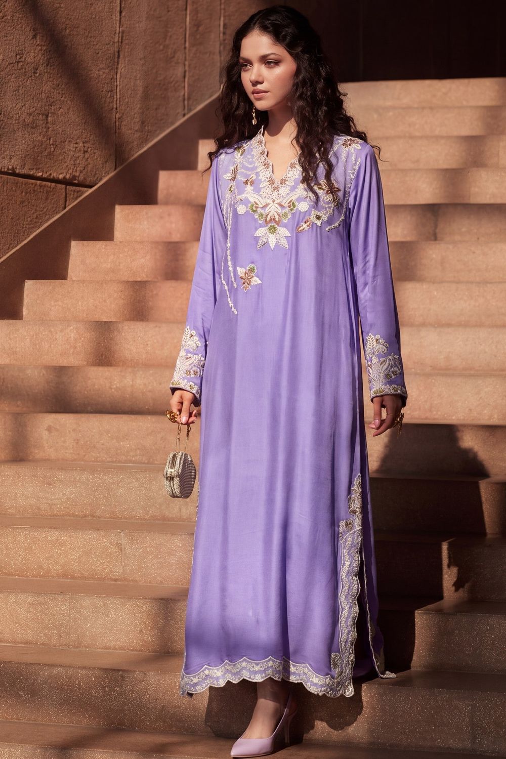 Lilac Embroidered Linen Kaftan Online in Dubai UAE Abudhabi Ajman Sharjah