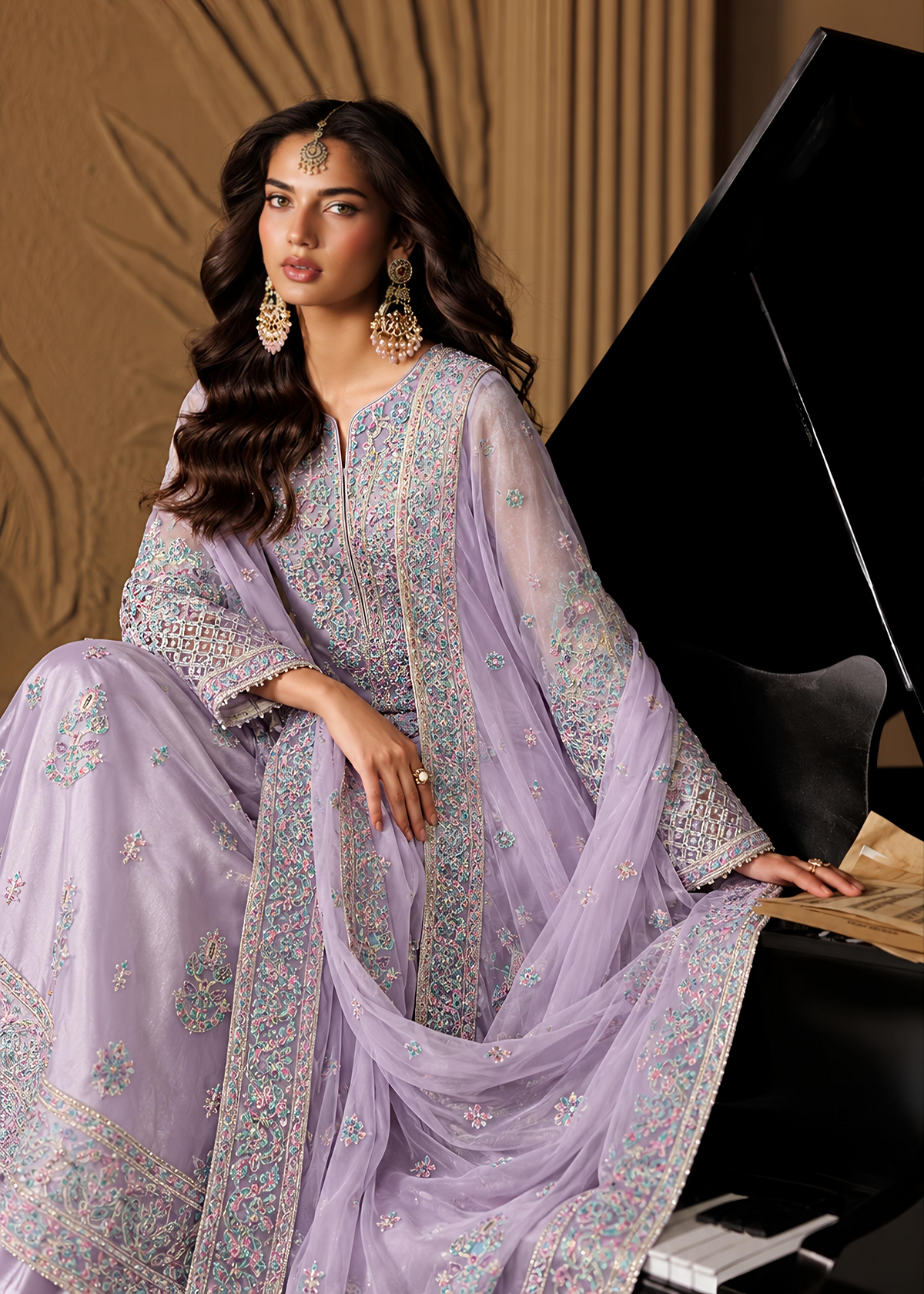 Lilac Embroidered Net Sharara Online in Dubai DXB UAE Abudhabi Meena Bazaar