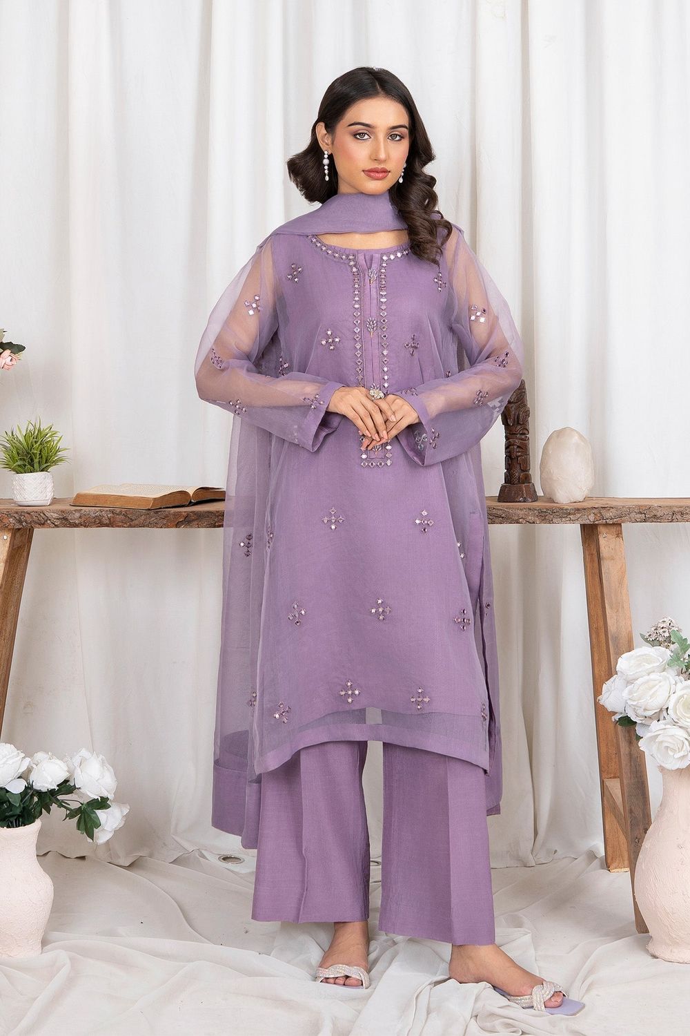 Lilac Embroidered Organza Festive Suit Online in Dubai UAE Abudhabi Ajman Sharjah