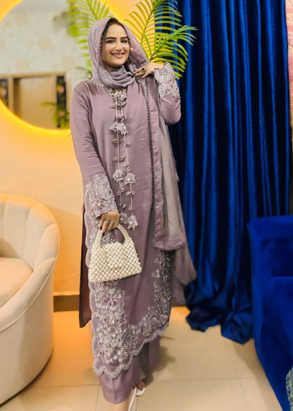 Lilac Embroidered Raw Silk 3 Piece Suit Online in Dubai UAE Abudhabi Ajman Sharjah
