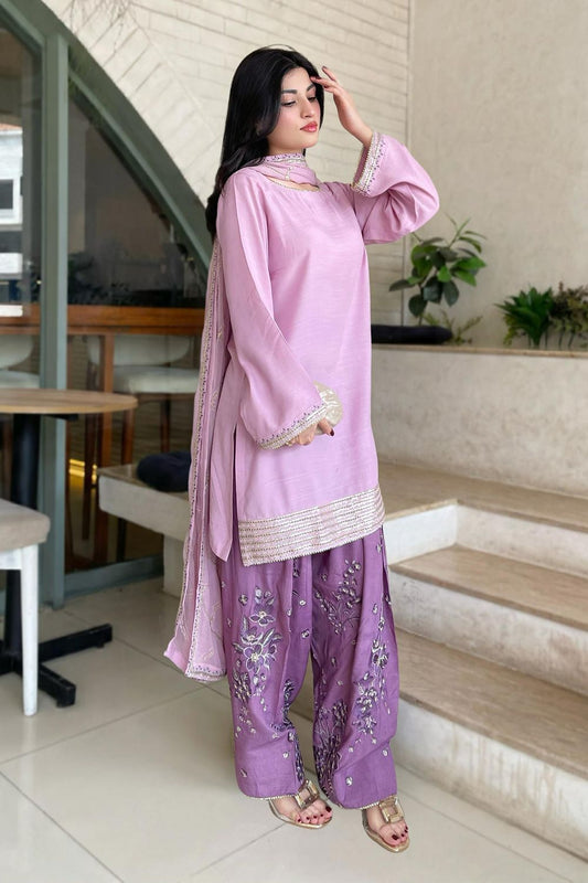 Lilac Embroidered Raw Silk Farshi Shalwar Suit Online in Dubai UAE Abudhabi Ajman Sharjah
