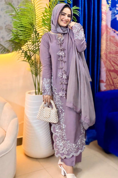 Lilac Embroidered Raw Silk Festive Wear Suit Online in Dubai UAE Abudhabi Ajman Sharjah