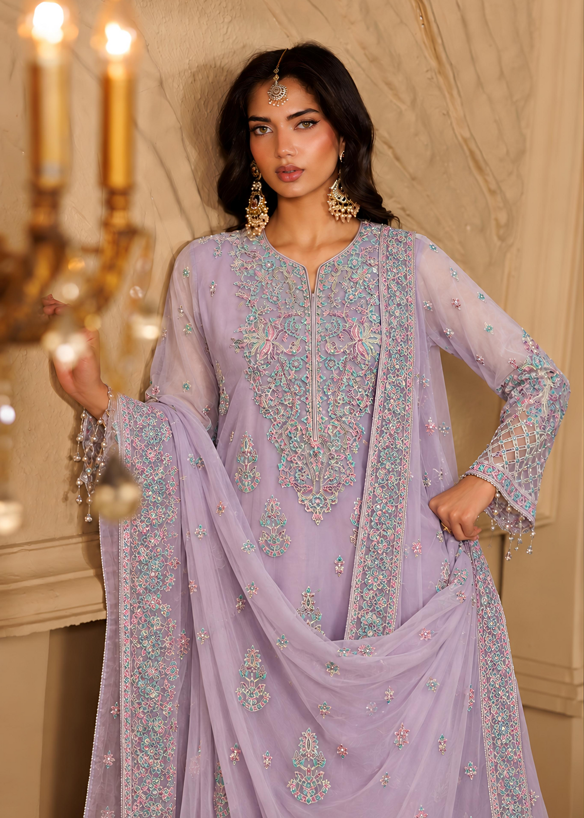 Lilac Embroidered Sharara Set Online in KSA Riyadh Saudi Arabia Oman Bahrain Qatar