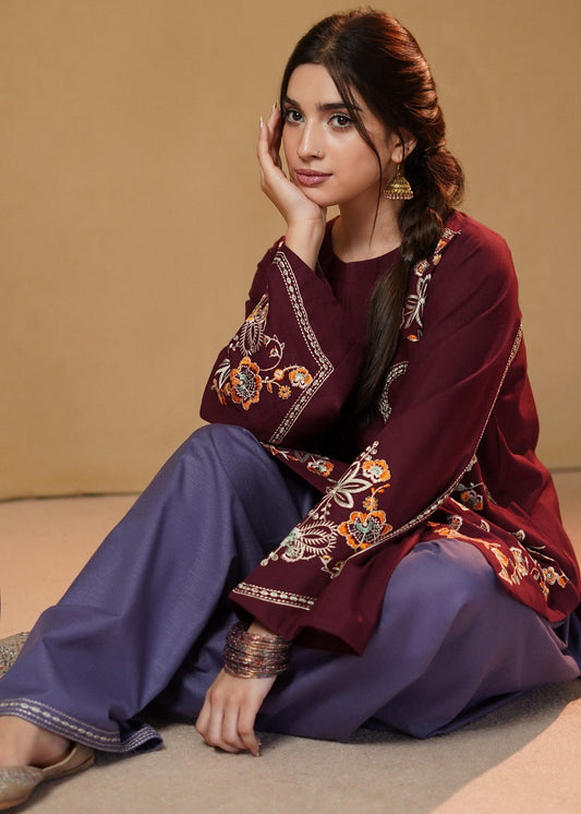 Lilac Embroidered Slub Khaddar Kurta Set Online in Dubai DXB UAE Abudhabi Meena Bazaar
