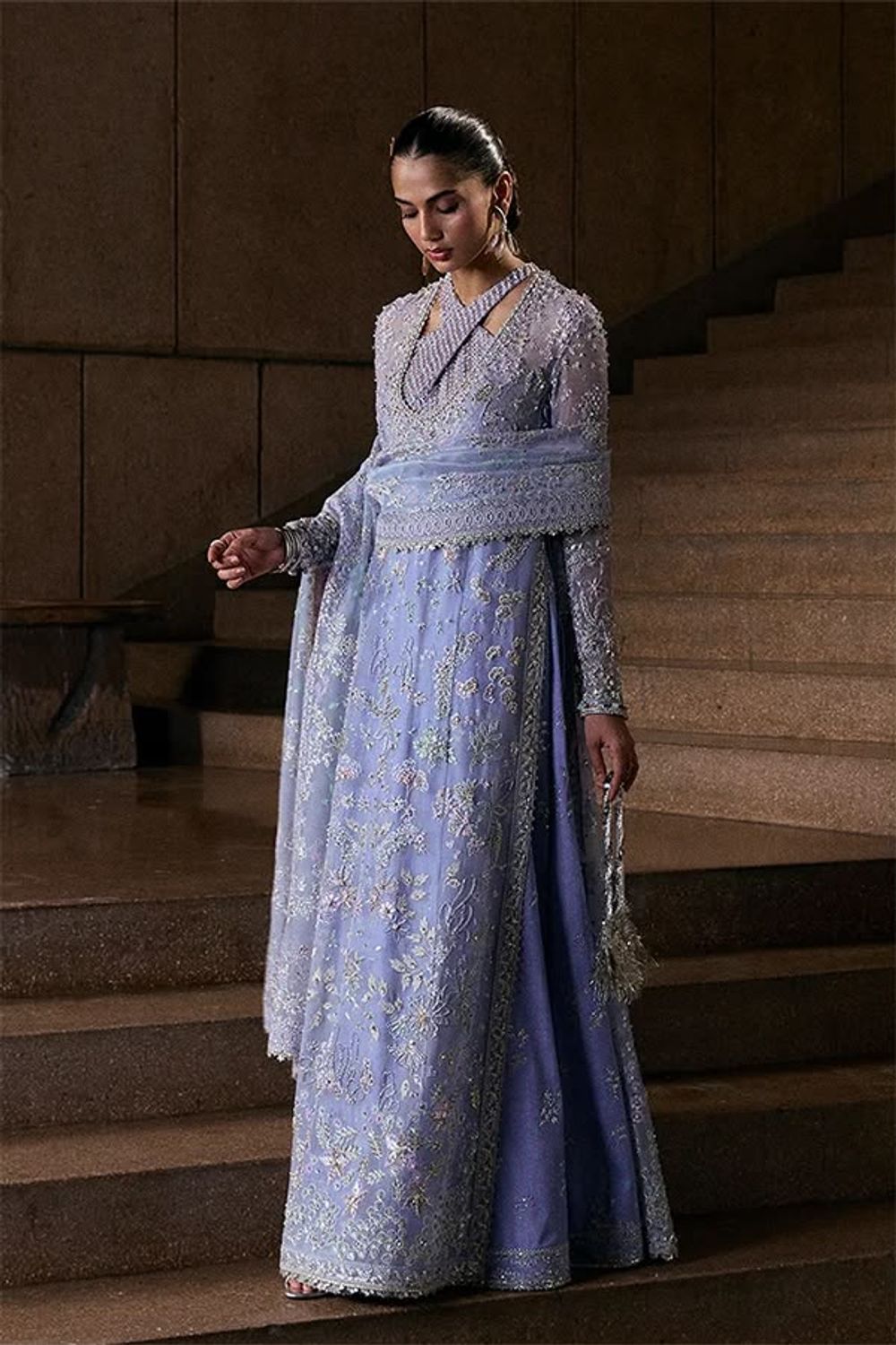 Lilac Hand Embellished Chiffon Pakistani Wedding Dress Online in Dubai UAE Abudhabi Ajman Sharjah