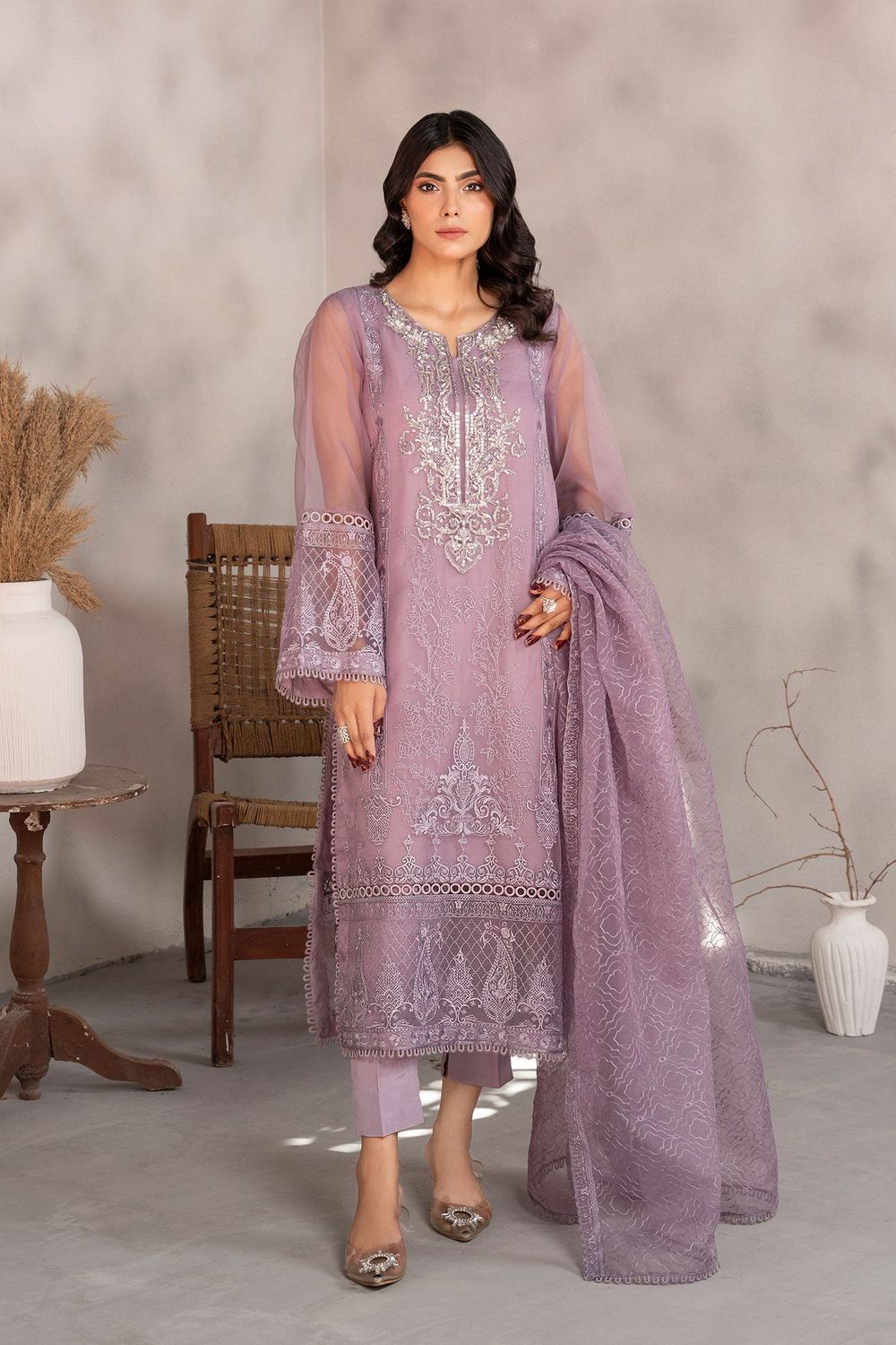 Lilac Hand Embellished Organza Salwar Kameez Online in Dubai UAE Abudhabi Ajman Sharjah