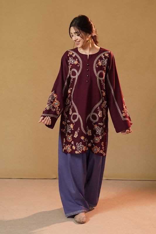 Lilac Plum Embroidered Slub Khaddar Kurta Set Online in Dubai UAE Abudhabi Ajman Sharjah