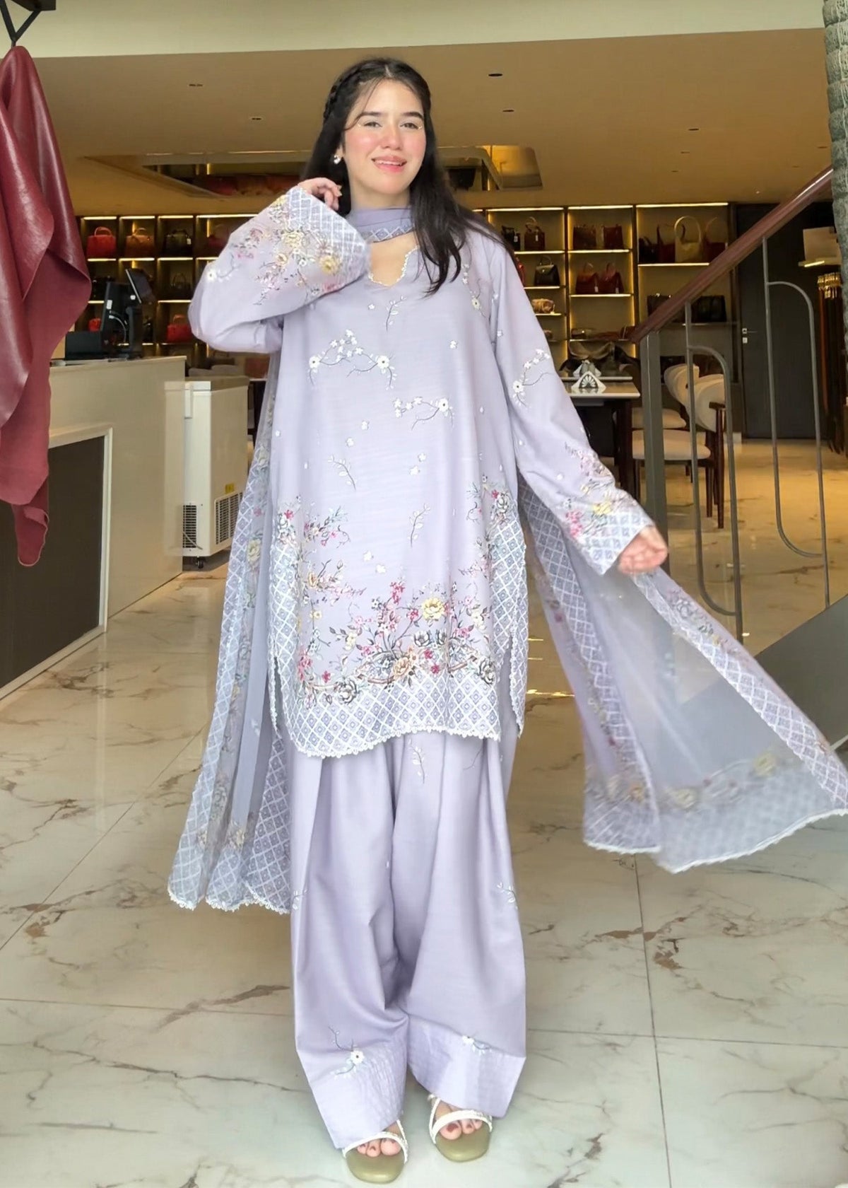 Lilac Printed Raw Silk Pakistani Suit Online in Dubai DXB UAE Abudhabi Meena Bazaar