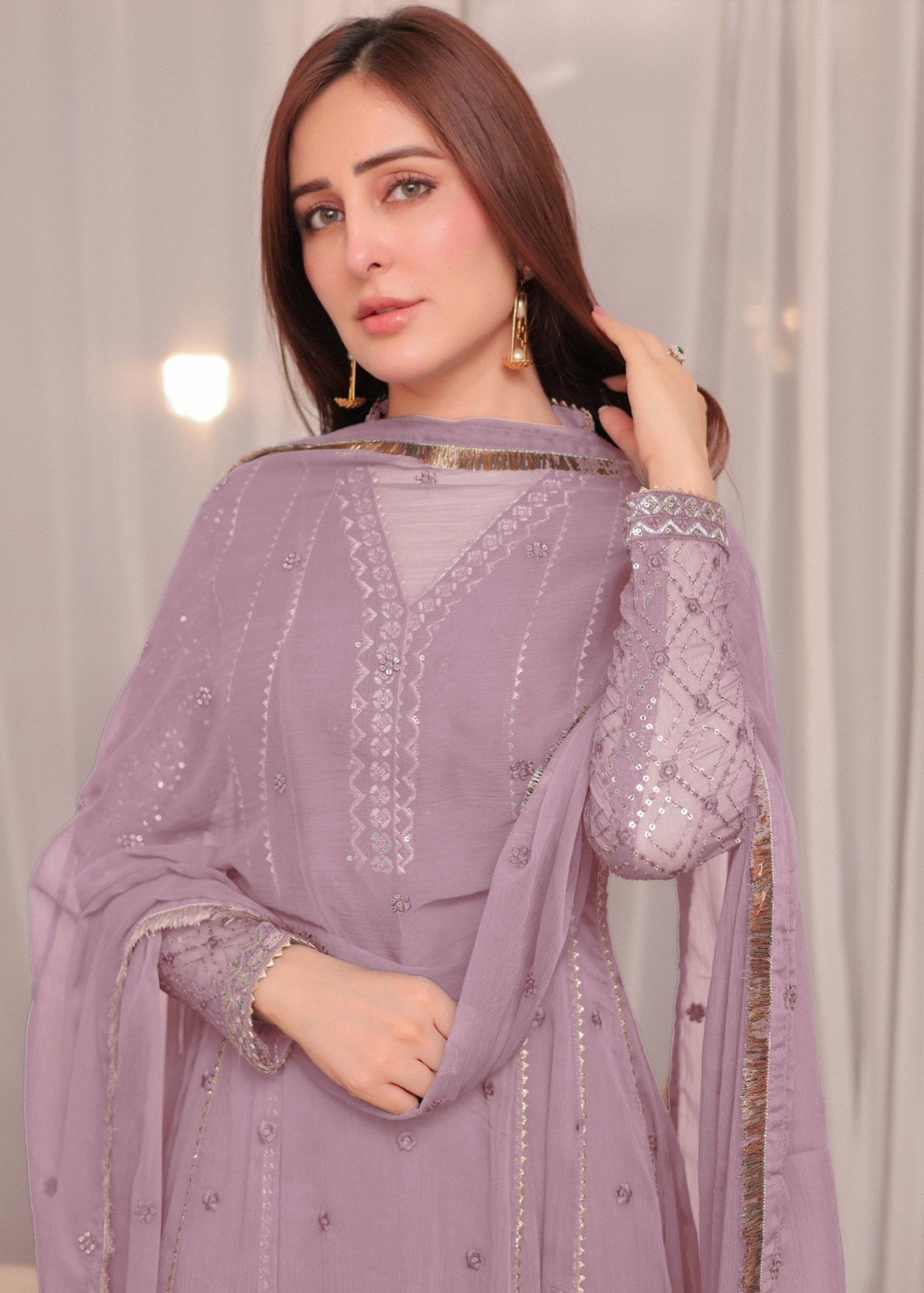 Lilac Sequence Work Chiffon Partywear Suit Online in Sri Lanka India Australia