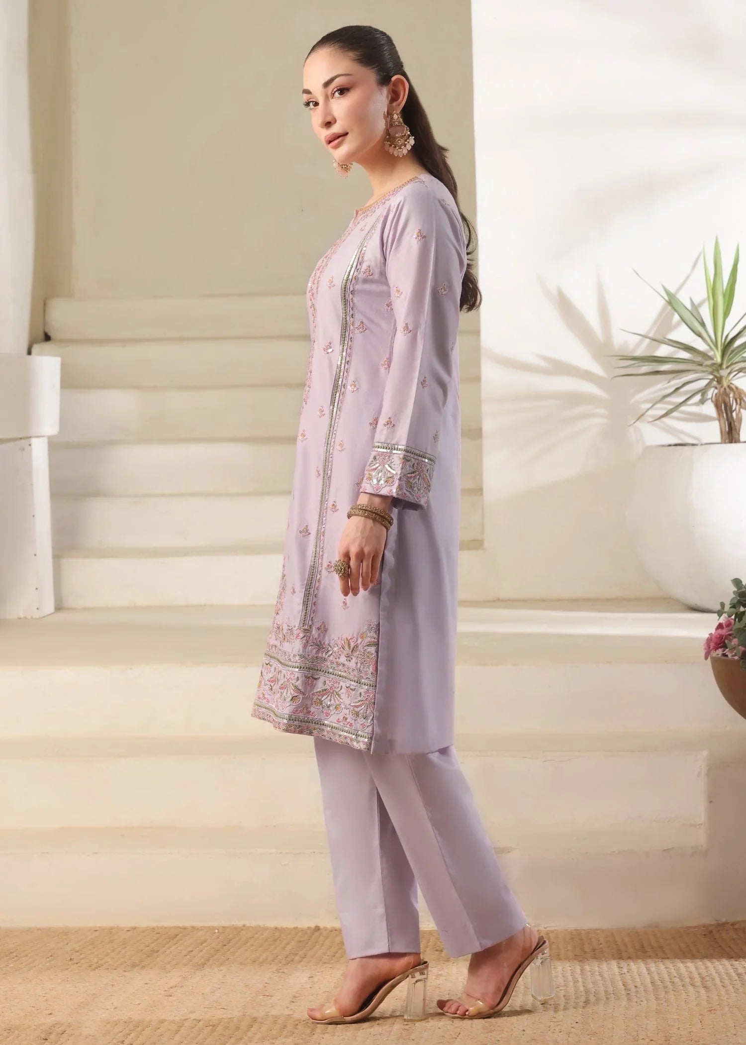 Lilac Straight Cut Embroidered Lawn Kurta Set Online in Dubai UAE Abudhabi Ajman Sharjah