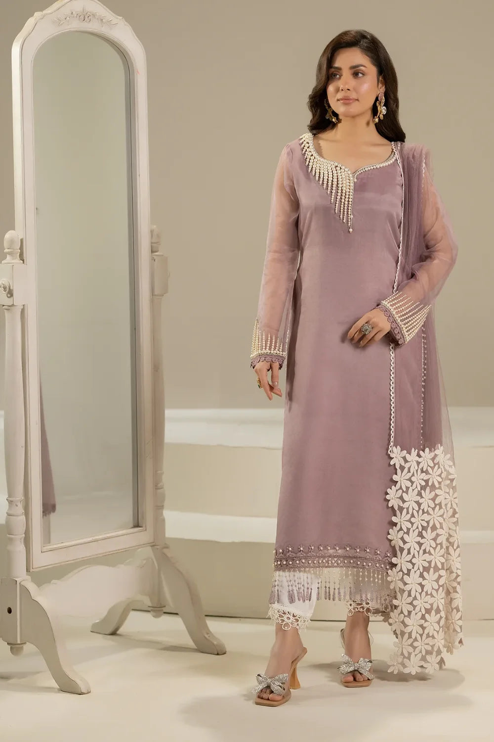 Lilac Pure Organza Suit with Pearl Work