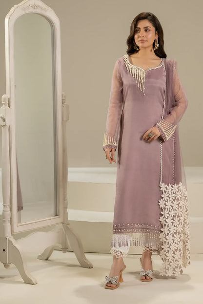 Lilac Pure Organza Suit with Pearl Work