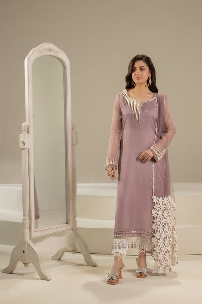 Lilac Pure Organza Suit with Pearl Work