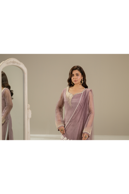 Lilac Pure Organza Suit with Pearl Work
