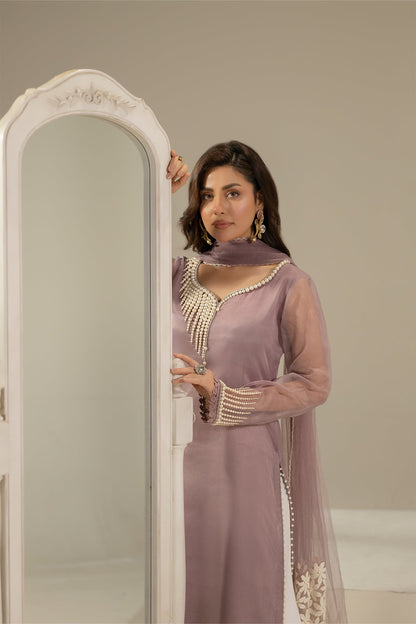 Lilac Pure Organza Suit with Pearl Work