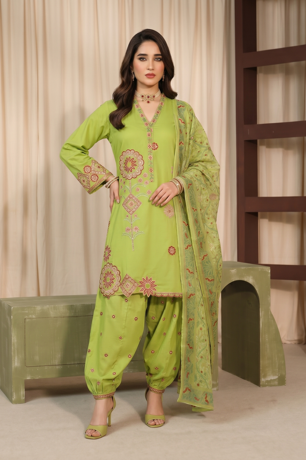 Lime Green Embroidered Lawn Partywear Suit Online in Dubai UAE Abudhabi Ajman Sharjah