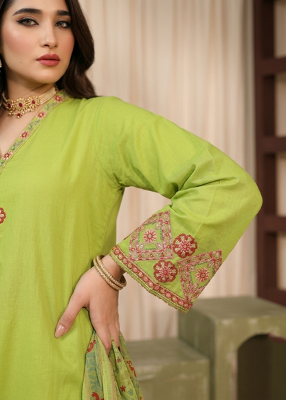 Lime Green Embroidered Lawn Three Piece Suit Online in Dubai UAE Abudhabi Ajman Sharjah