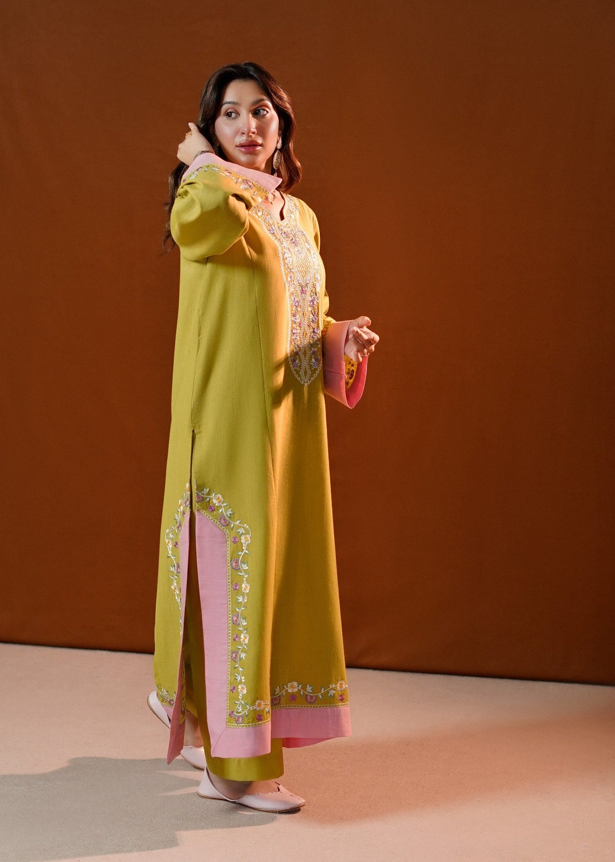 Lime Green Embroidered Slub Khaddar 2 Piece Kurta Set Online in Sri Lanka India Australia