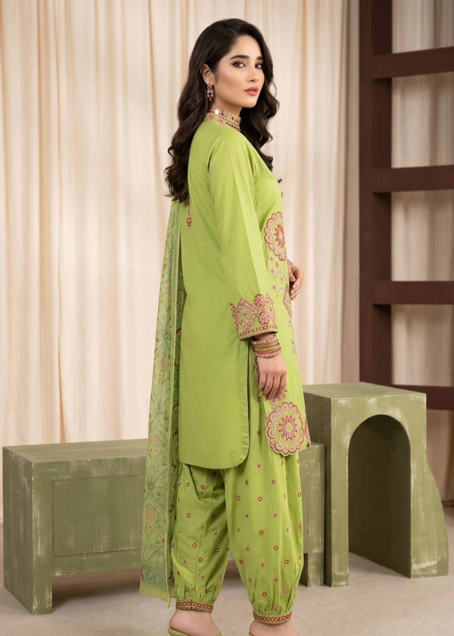 Lime Green Festive Wear Lawn Suit Online in Dubai DXB UAE Abudhabi Meena Bazaar