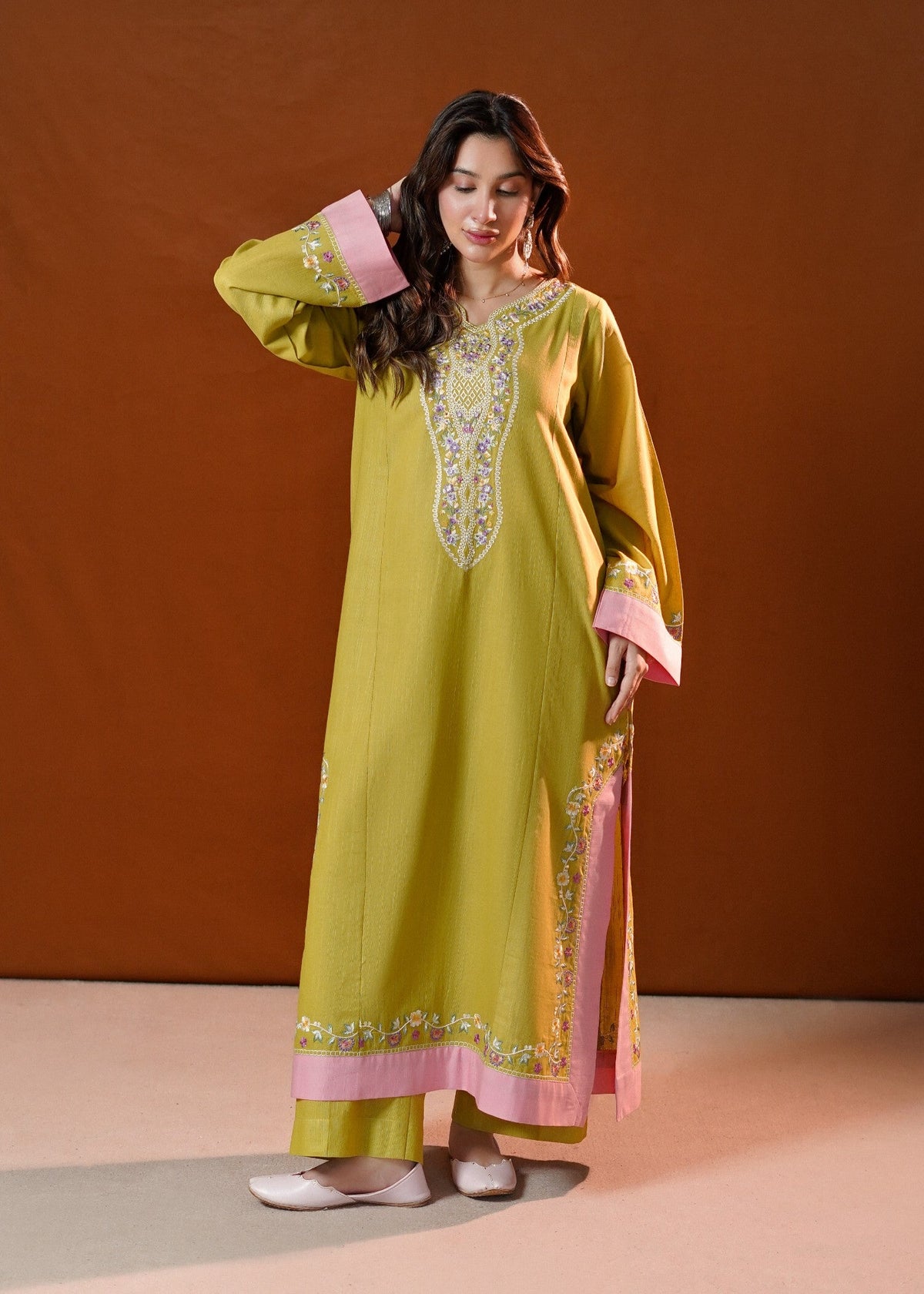 Lime Green Floral Embroidered Slub Khaddar Pakistani Kurta Set Online in KSA Riyadh Saudi Arabia Oman Bahrain Qatar