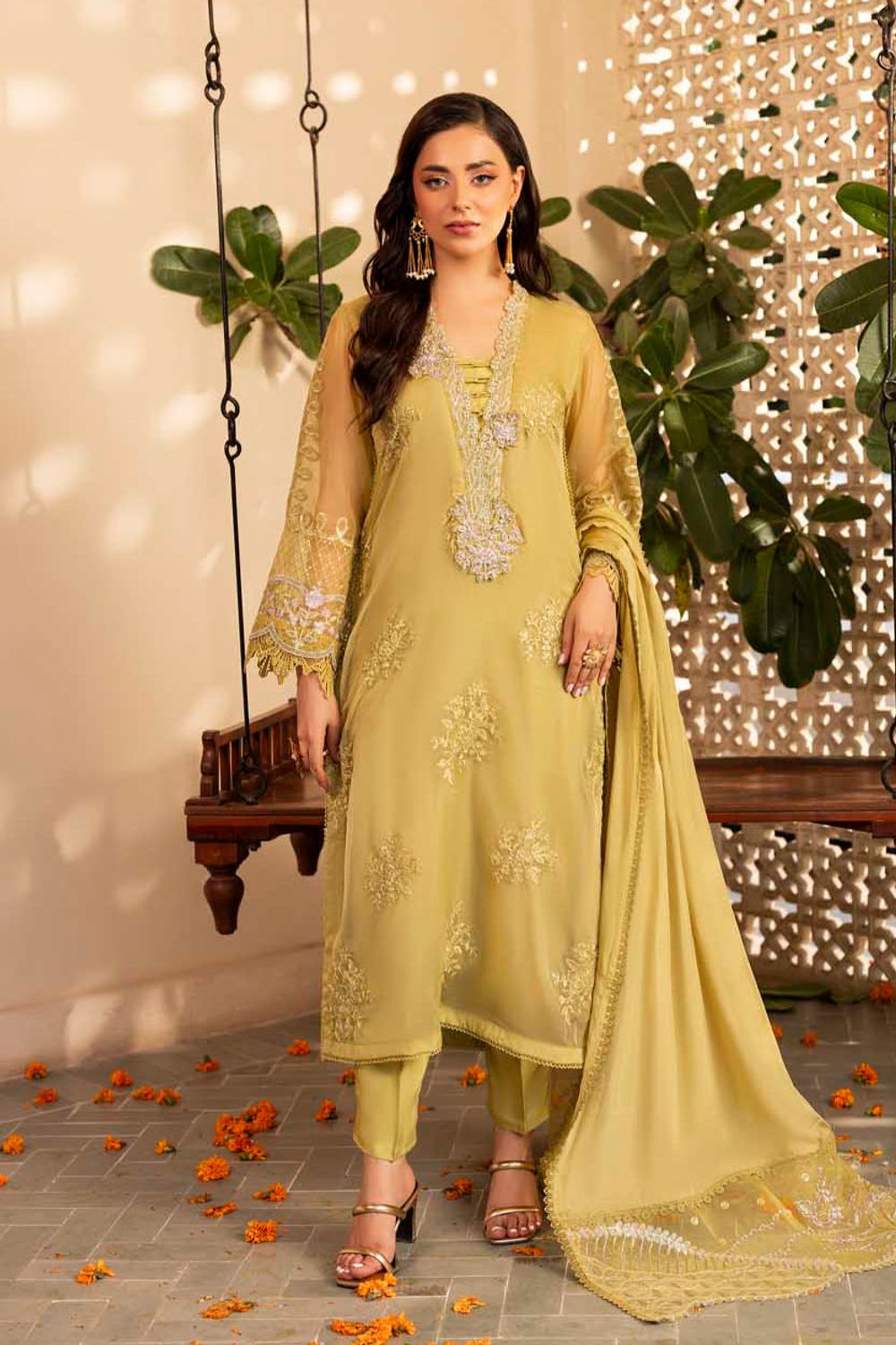 Lime Green Hand Embellished Organza Partywear Suit Online in Dubai UAE Abudhabi Ajman Sharjah