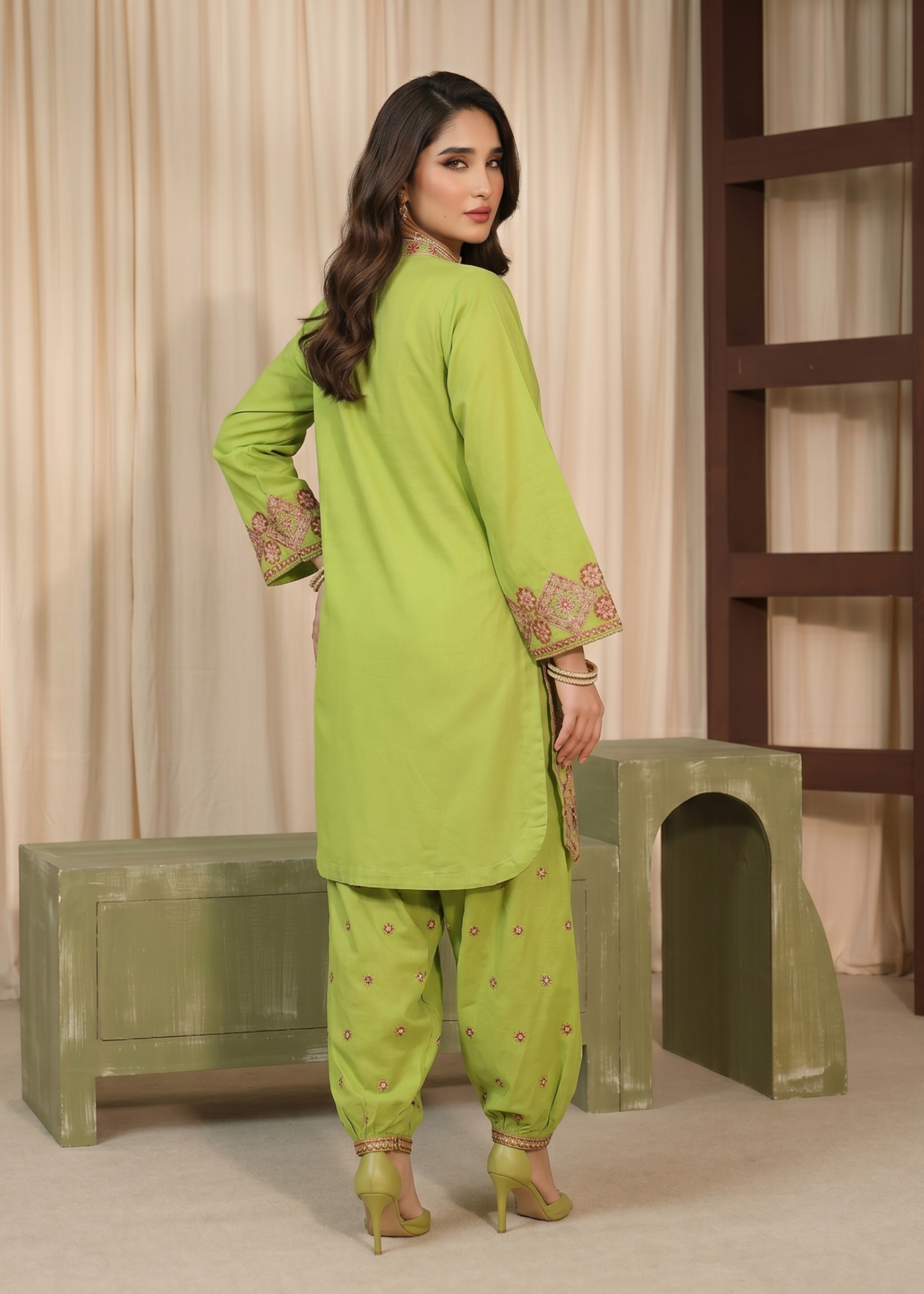 Lime Green Lawn Salwar Suit Embroidered Online in KSA Riyadh Saudi Arabia Oman Bahrain Qatar