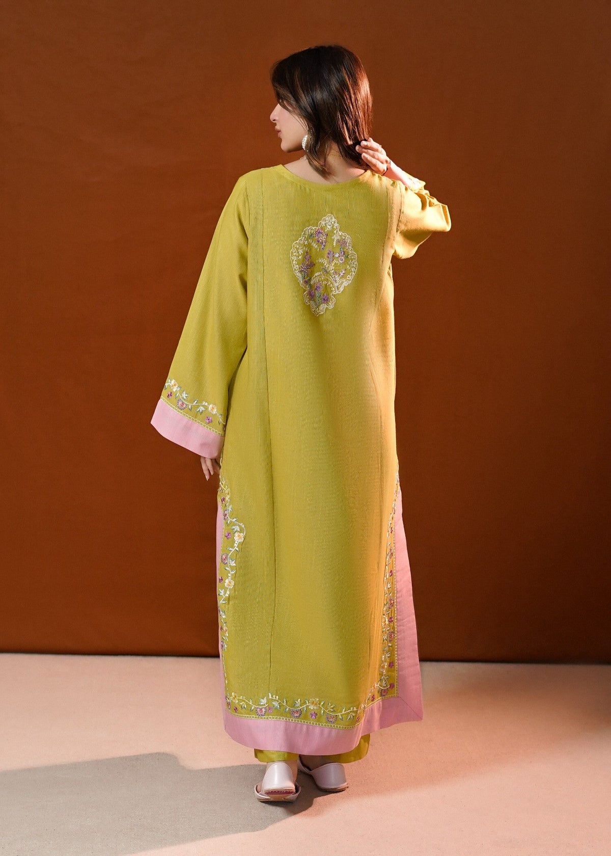 Lime Green Panelled Kurta Set with Floral Embroidery Online in Dubai UAE Abudhabi Ajman Sharjah