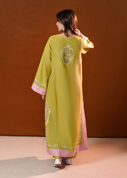 Lime Green Panelled Kurta Set with Floral Embroidery Online in Dubai UAE Abudhabi Ajman Sharjah