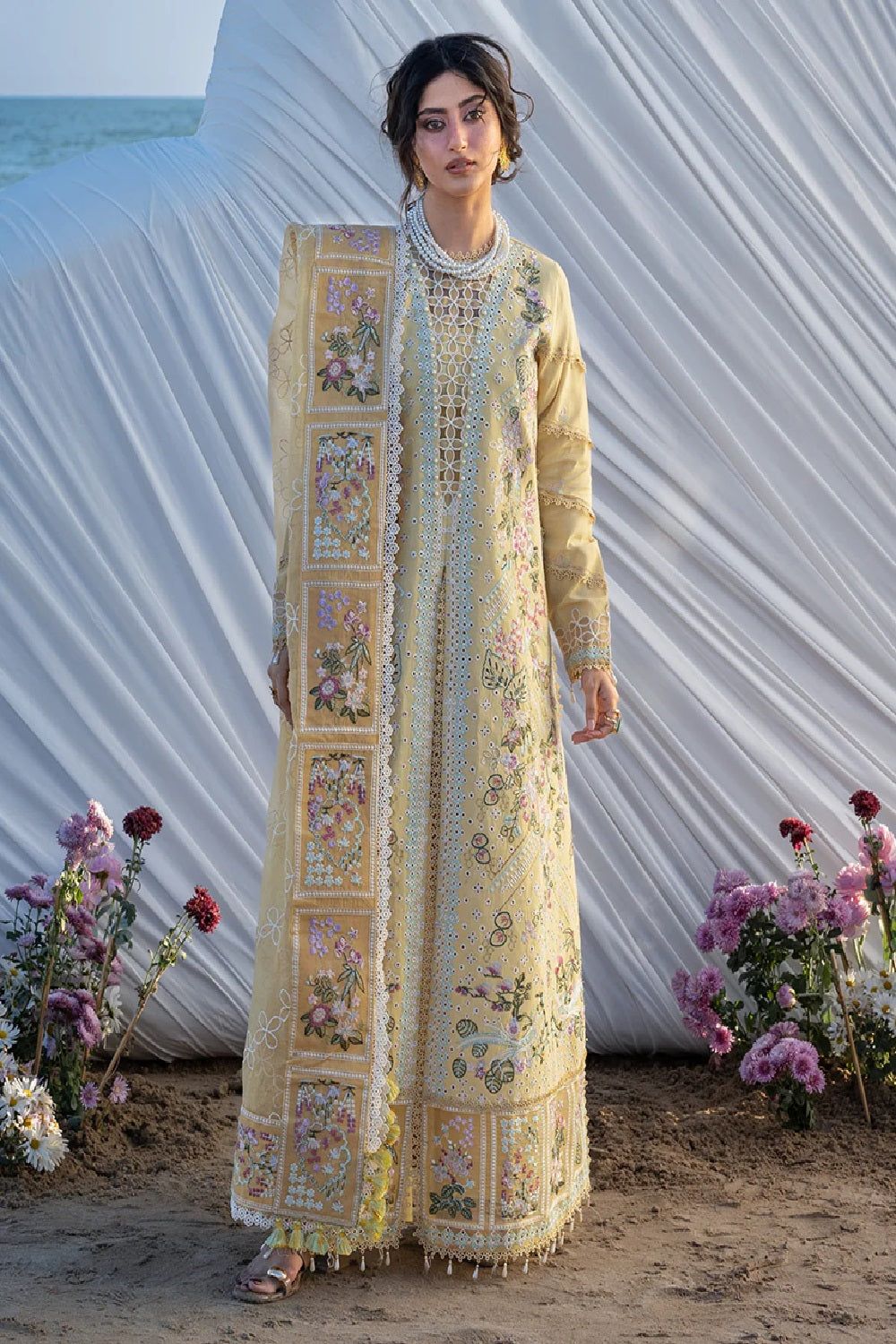 Lime Yellow Chikankari Embroidered Lawn Pakistani Suit Online in Dubai UAE Abudhabi Ajman Sharjah