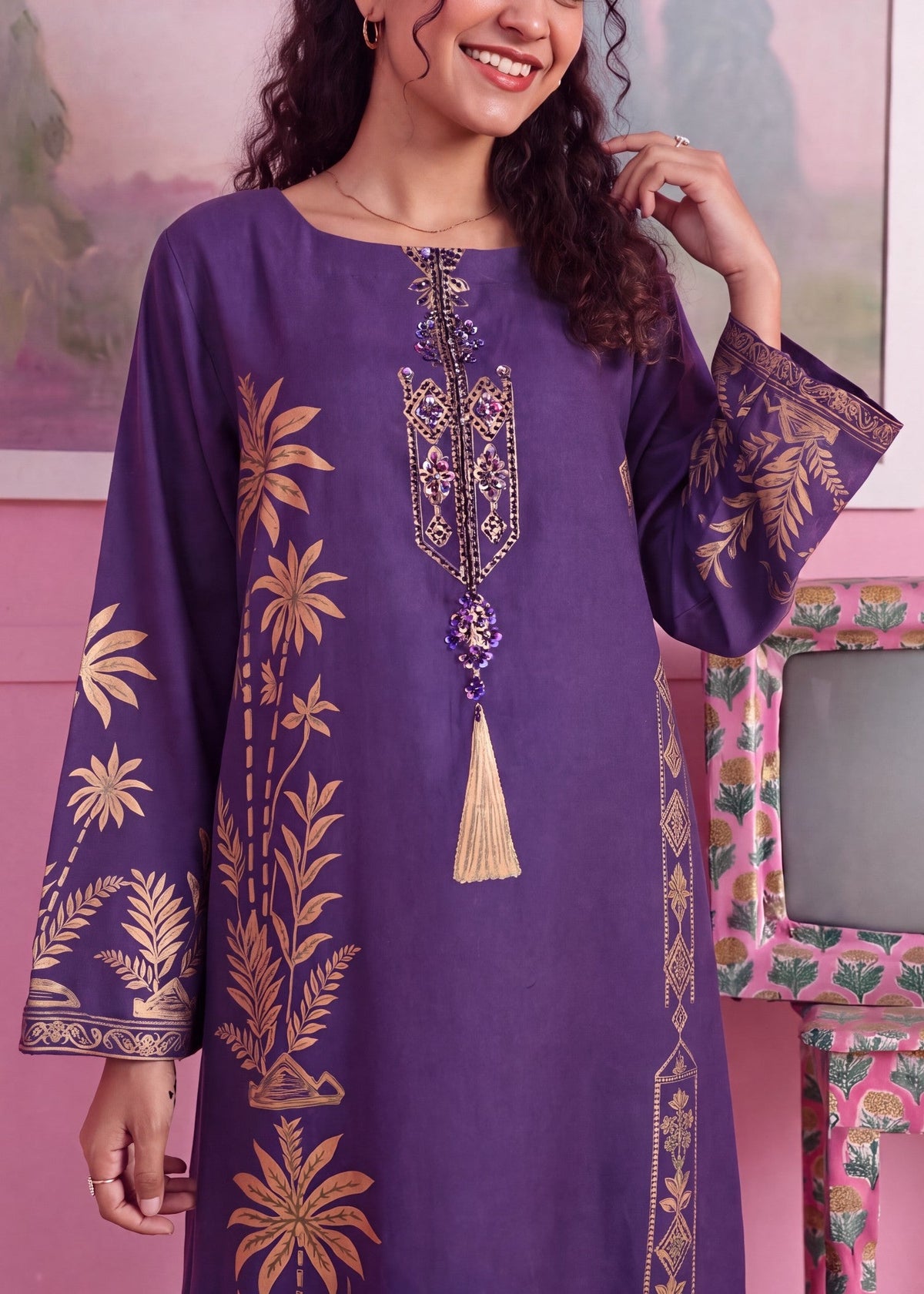 Linen Purple Kaftan Ladies Partywear Suit Online in Dubai UAE Abudhabi Ajman Sharjah