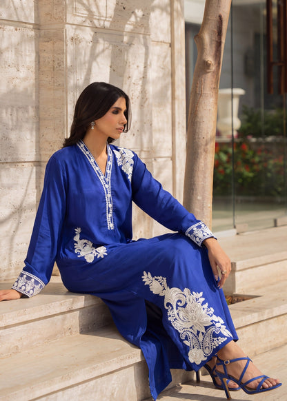Linen Royal Blue Embroidered Kaftan Online in Sri Lanka India Australia