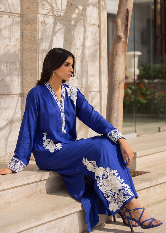 Linen Royal Blue Embroidered Kaftan Online in Sri Lanka India Australia