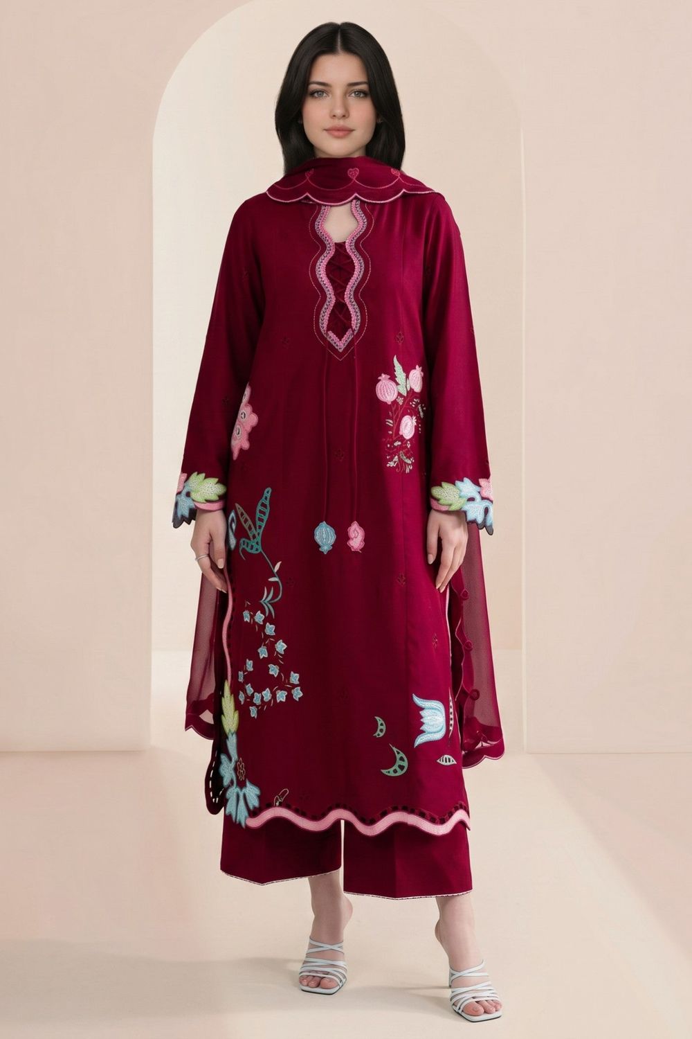 Lipstick Red Embroidered Cotton Kurta Set Online in Dubai UAE Abudhabi Ajman Sharjah