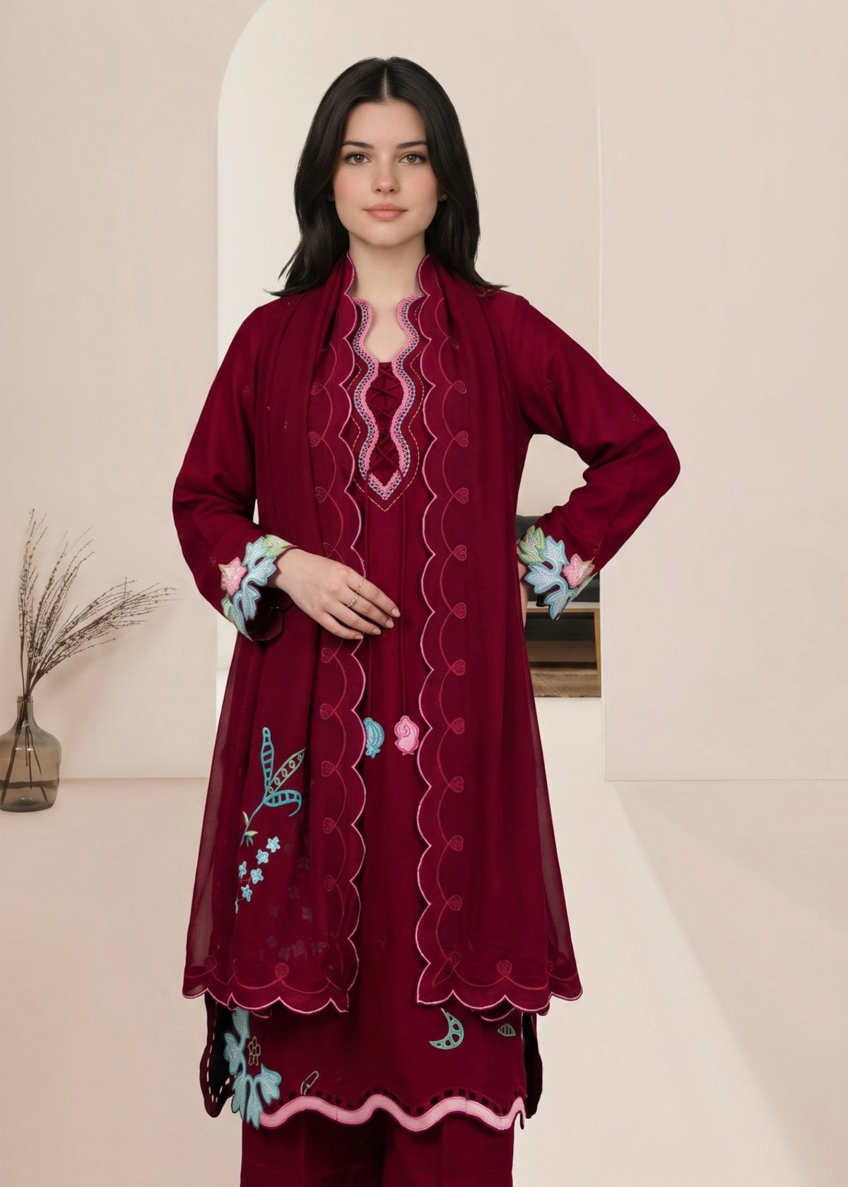 Lipstick Red Embroidered Cotton Pakistani Suit Online in Dubai DXB UAE Abudhabi Meena Bazaar