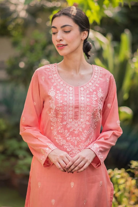 Peachy Pink Kurta with Straight Pants