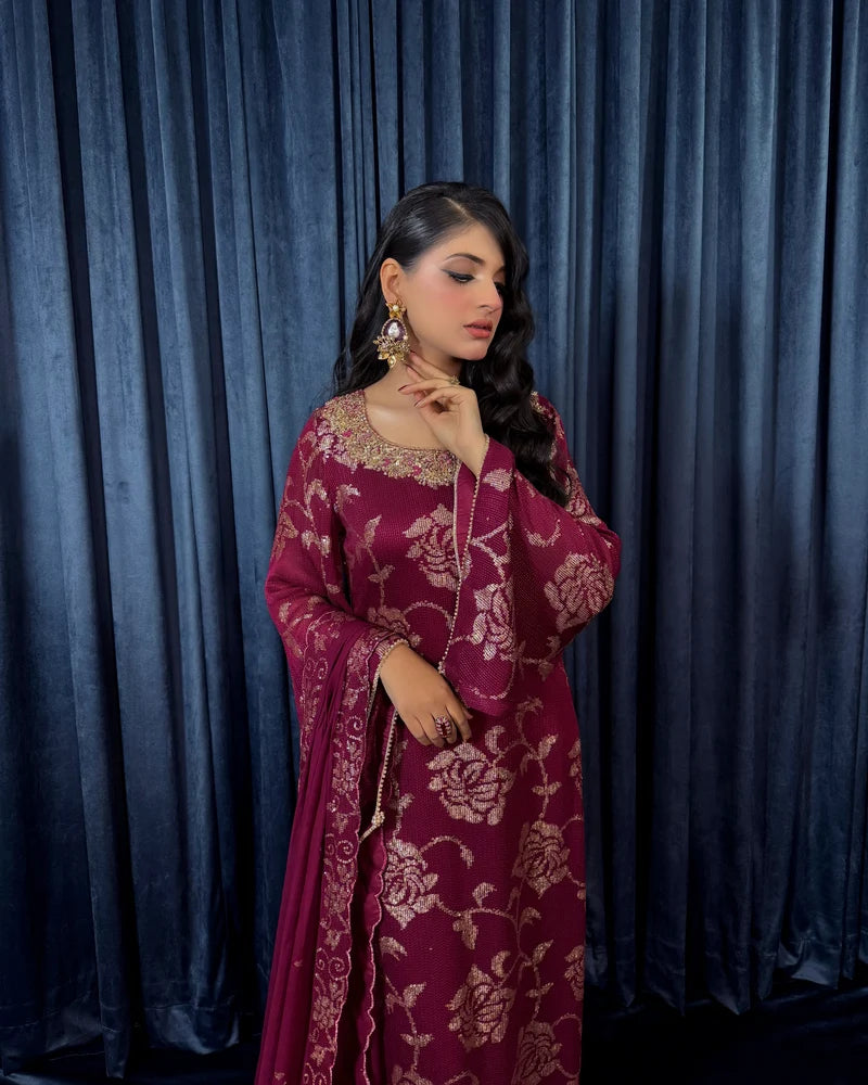 Maroon Chiffon Sequins Embroidered Partywear Suit with Hand Embellished Neckline