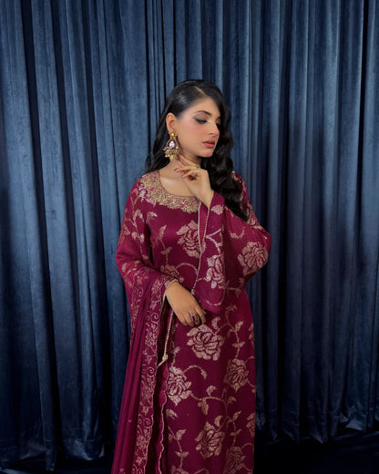 Maroon Chiffon Sequins Embroidered Partywear Suit with Hand Embellished Neckline