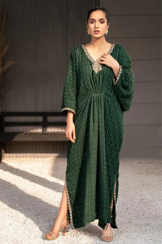 Green Embroidered Chiffon Kaftan