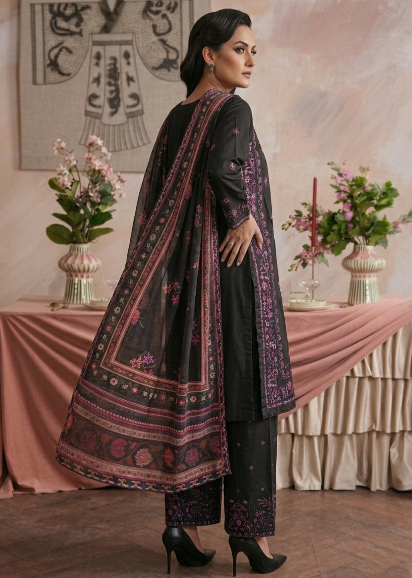 Loose Fit Black Embroidered Cotton Kurta Online in UK USA Canada
