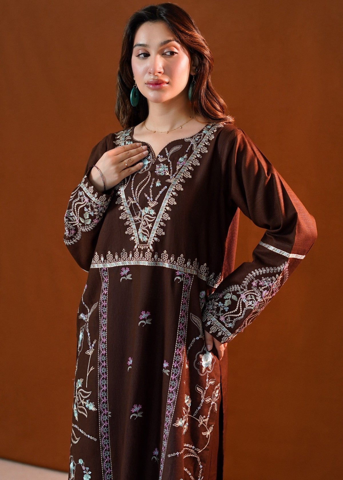 Loose Fit Brown Slub Khaddar Kurta Set Online in Sri Lanka India Australia