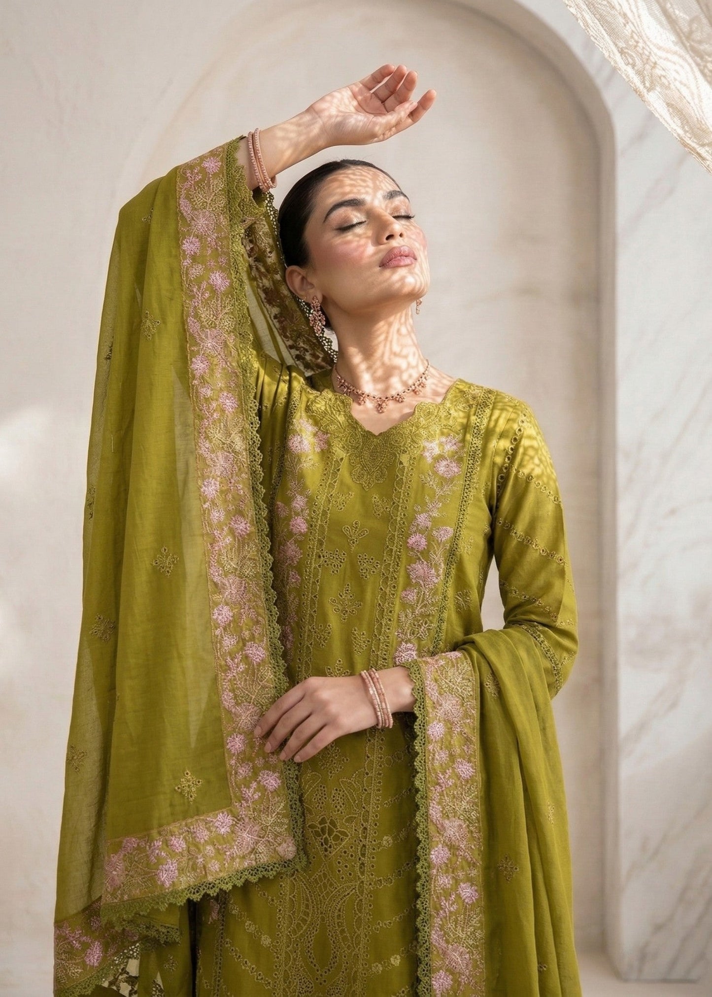 Loose Fit Olive Green Lawn Kurta Suit Online in UK USA Canada
