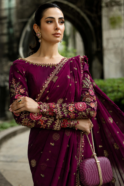 Luxury Hand Embellished Chiffon Saree Purple Online in KSA Riyadh Saudi Arabia Oman Bahrain Qatar