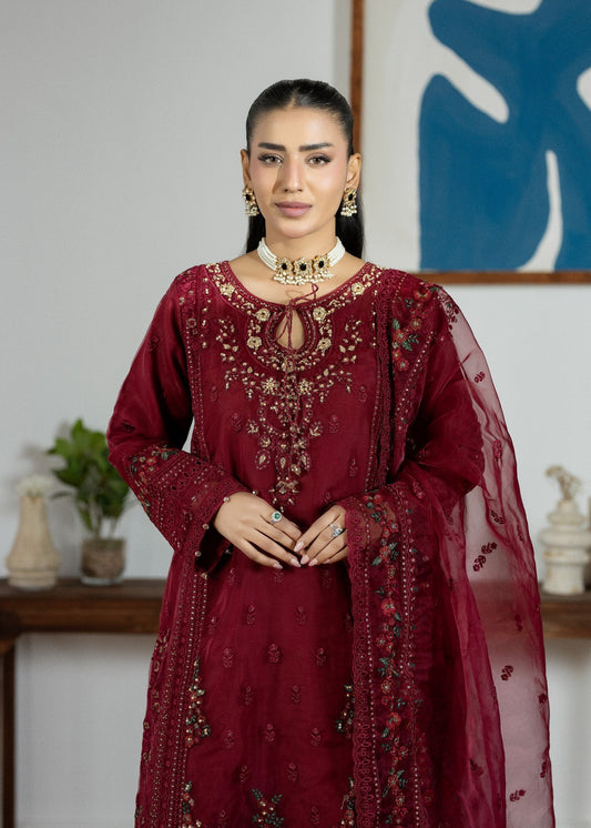 Luxury Pakistani Maroon Organza Designer Suit Online in KSA Riyadh Saudi Arabia Oman Bahrain Qatar