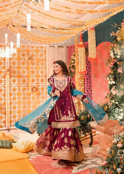 Magenta Chiffon Embroidered Wedding Outfit Online in Sri Lanka India Australia