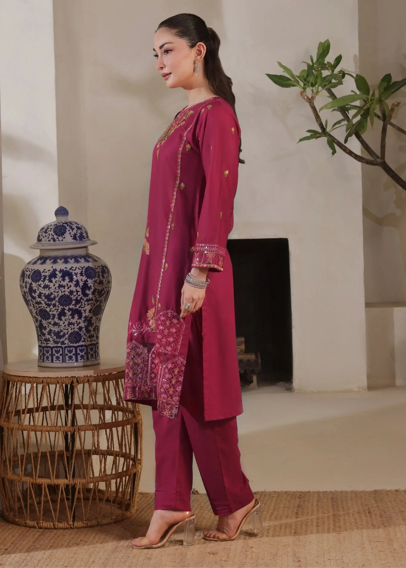 Magenta Cotton Kurta with Straight Trouser Online in UK USA Canada
