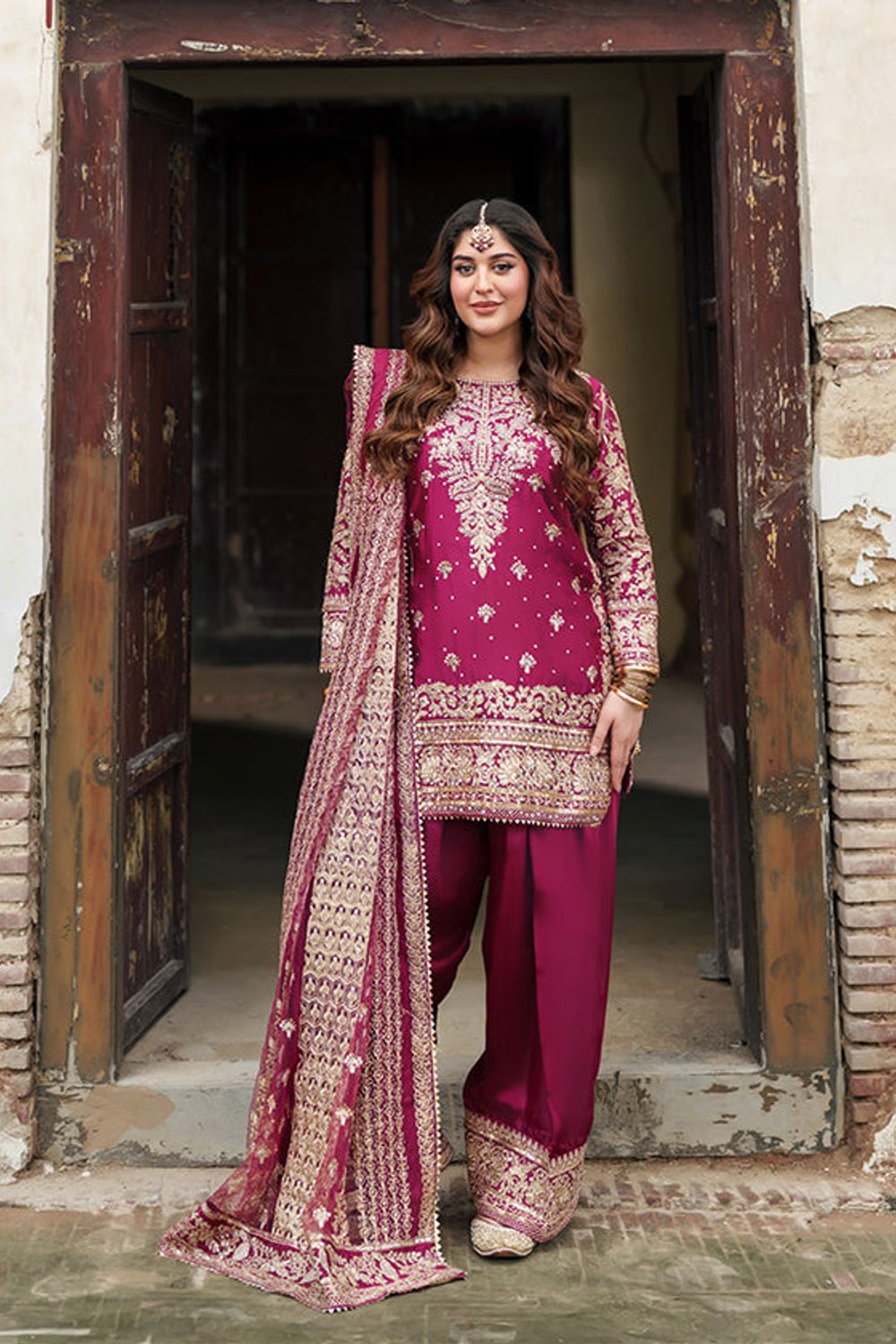 Magenta Embroidered Charmuse Wedding Suit Online in Dubai UAE Abudhabi Ajman Sharjah