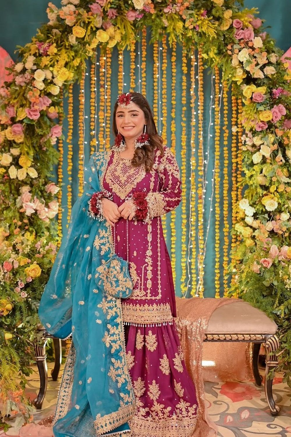 Magenta Embroidered Chiffon Gharara Online in Dubai UAE Abudhabi Ajman Sharjah